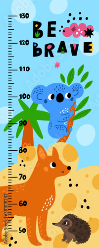 Kids growth ruler with Australian animals. Childish measuring centimeter scale. Funny koala on palm. Dingo and echidna. Wall meter. Children growing measurement. Vector stadiometer design