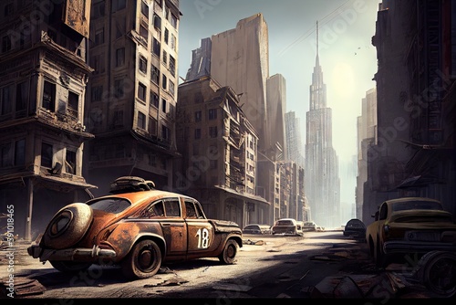 postapocalyptic cityscape, with towering skyscrapers and rusty cars in the streets, created with generative ai photo