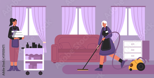 Maids cleaning hotel room. Guest house staff in uniform vacuuming and changing towels. Professional housekeeping. Hospitality service. Housekeeper work. Cleanup in hostel. Vector concept