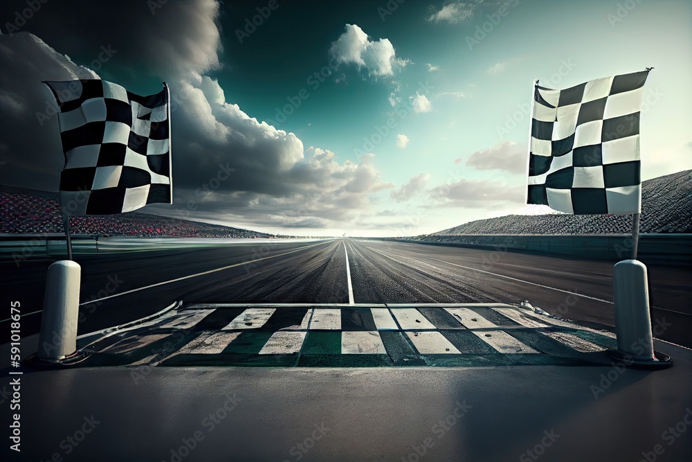 race track, with view of the finish line and checkered flag for