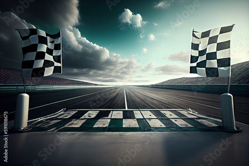 race track, with view of the finish line and checkered flag for dramatic finish, created with generative ai photo
