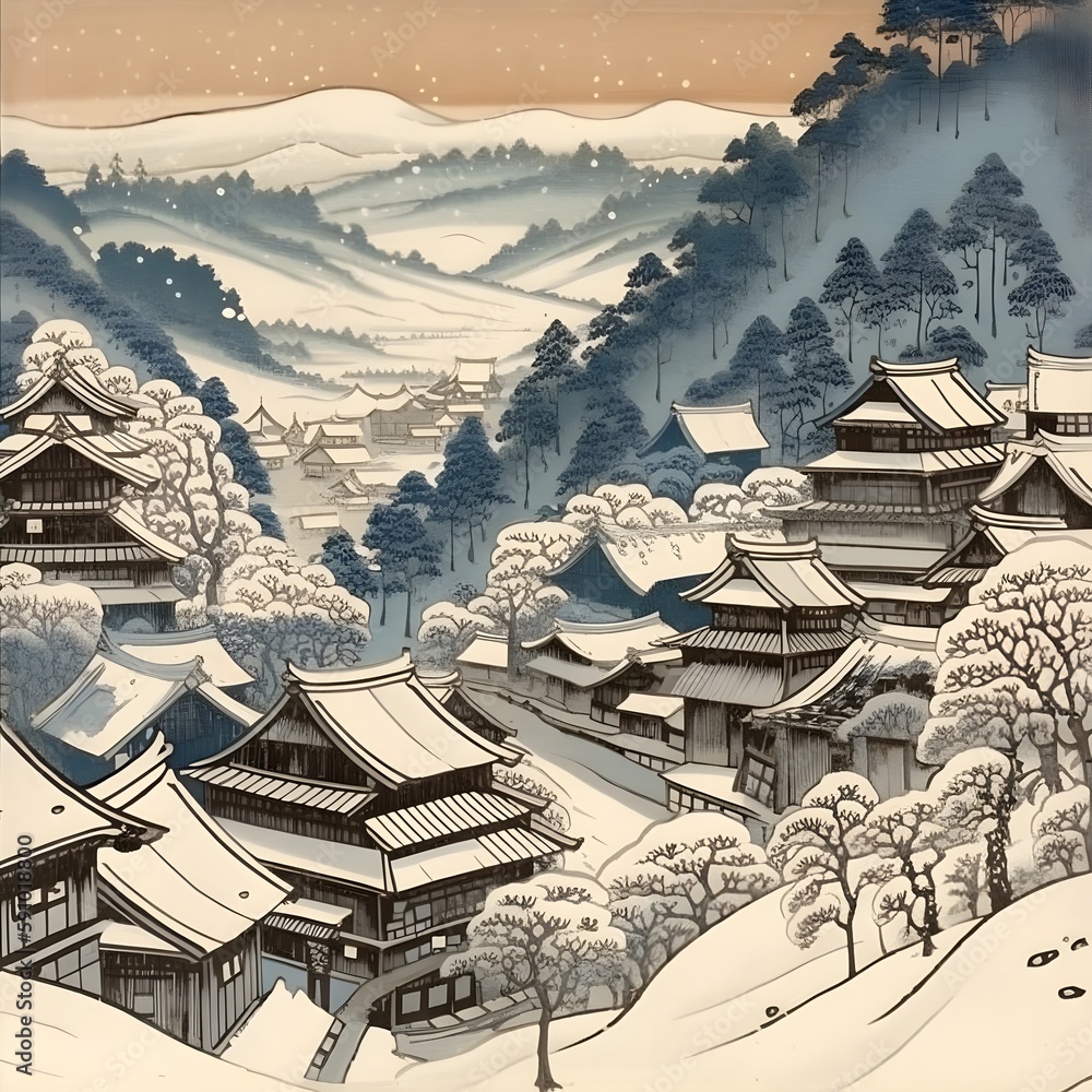 Ilustrace „A snowy Japanese village in historic feudal Japan on a snowy ...
