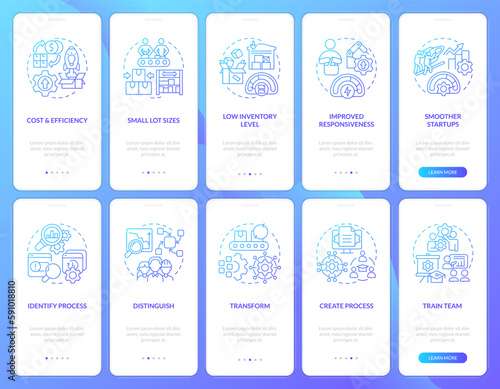SMED methodology blue gradient onboarding mobile app screen set. Walkthrough 5 steps graphic instructions with linear concepts. UI, UX, GUI template. Myriad Pro-Bold, Regular fonts used