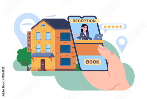 Online hotel reservations. Search or select hostels and apartments online. Smartphone in hands. Motel internet booking. Guesthouse room reserving by mobile application. Vector concept
