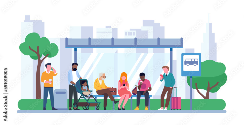 People waiting for bus at transit stop. Public transport station. Persons sitting on bench. Urban traffic. Transportation service. Men and women standing on sidewalk. Vector concept