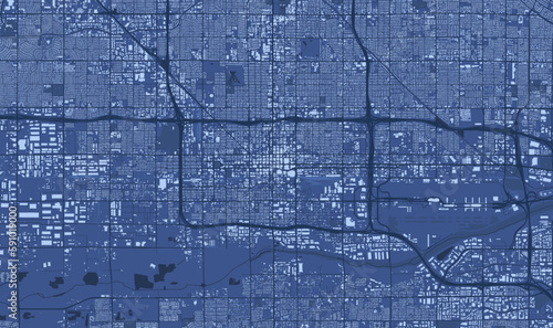 Detailed blue vector map poster of Phoenix city, Arizona, linear print map. Skyline urban panorama. Decorative graphic tourist map of Phoenix territory.