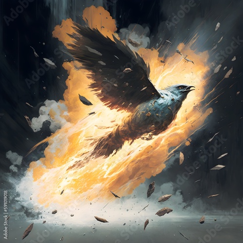 A shrike flying through the flames of a dangerous and fiery explosion