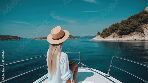 A beautiful tourist woman with sunhat sits on a yacht. Generative AI © AdriFerrer