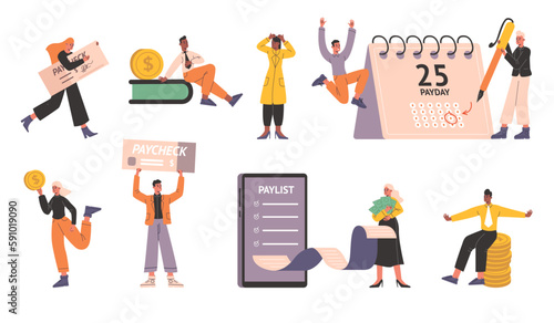 People waiting payday. Happy characters get paycheck. Employees pay taxes. Banknotes and coins. Circling date in calendar. Cheerful men and women with payrolls. Vector financial set