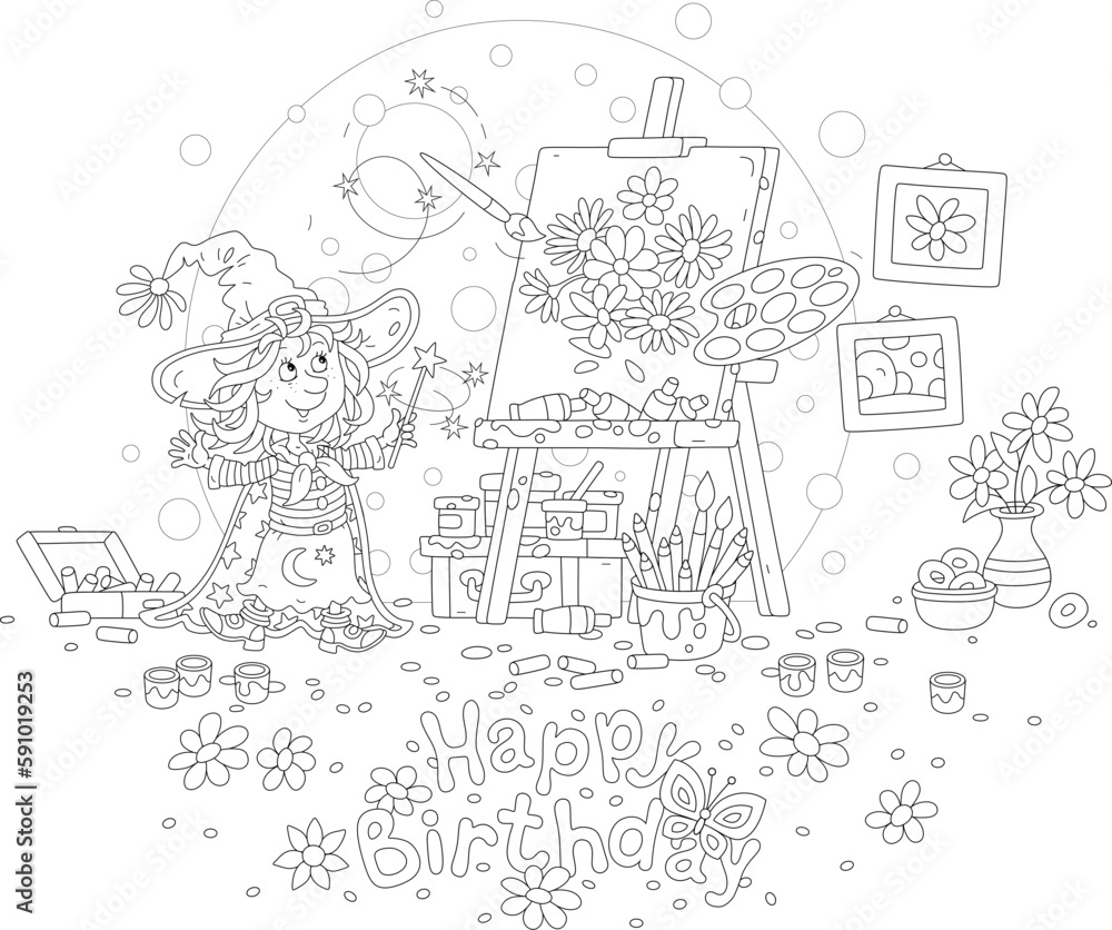 Happy birthday card with a little fairy waving her magic wand and drawing garden flowers on an easel with a flying paintbrush and paints from a palette, vector cartoon