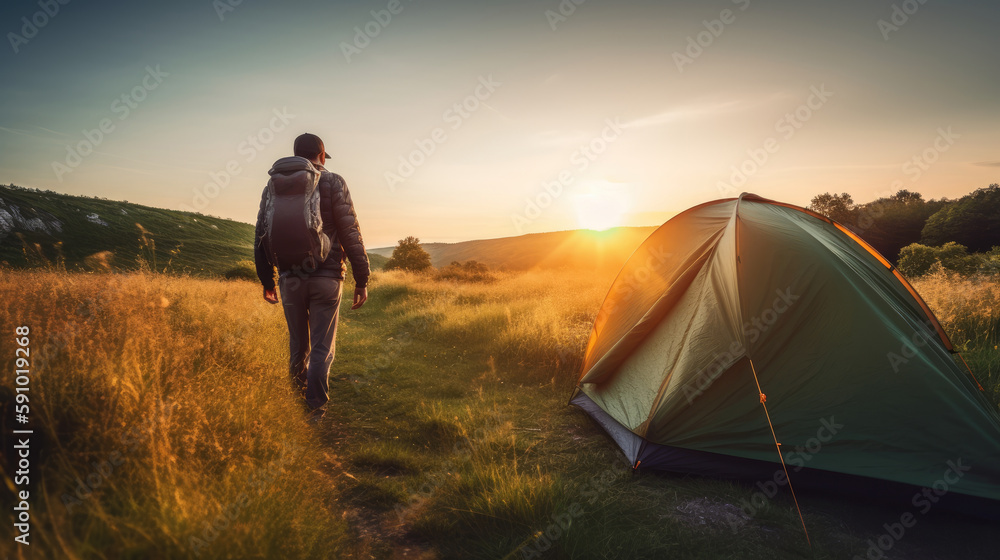 Adventurer man camping outdoors. Generative Ai