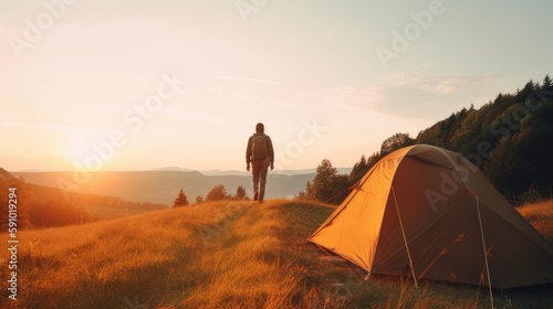 Adventurer camping outdoors. Generative AI