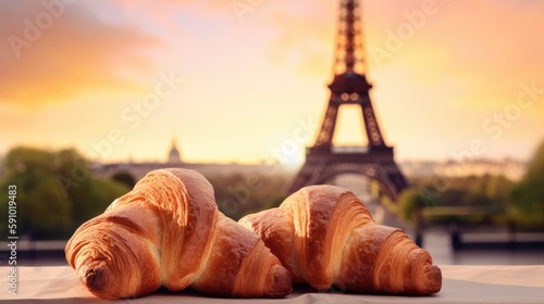 Delicious french croissants on romantic background. Generative AI © AdriFerrer