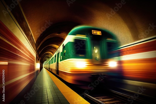 subterranean train tunnel, with passing of subway car and blur of motion, created with generative ai