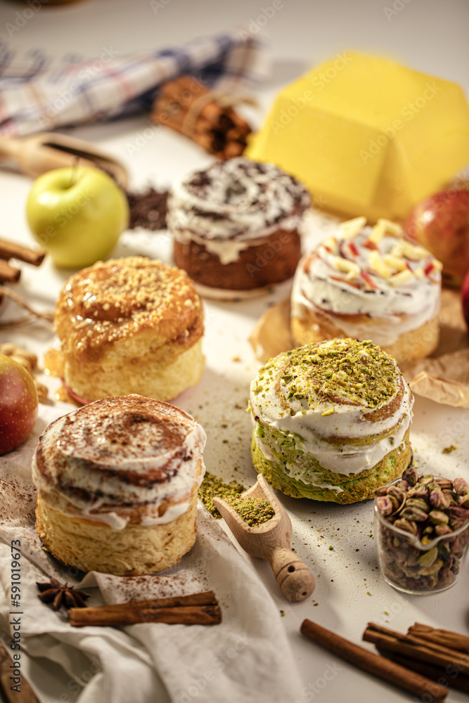 Variety of different assorted sweet cinnabon buns set Variety of different assorted sweet cinnabon buns set