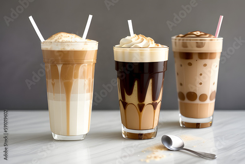 Homemade iced latte coffee in glasses with straws on grey marble table, white wall at background, copy space, vertical composition. Summer cold refreshing drink concept