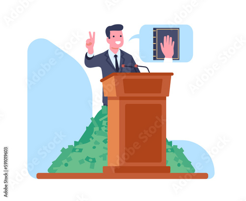 Politician cheats from rostrum. Corruption in politics. Man in suit committing crimes for money. Banknotes heap. Dishonesty political election. Corruptibility official. Vector concept