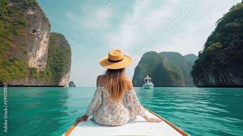 Happy tourist woman in white summer dress on the sea. Generative AI © AdriFerrer