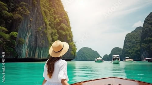 Happy tourist woman in white summer dress on the sea. Generative AI