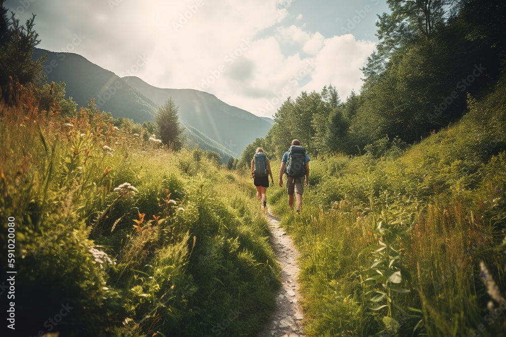 Fototapeta premium A tranquil, summer hiking adventure, featuring a couple trekking through a lush, green forest, meadow and mountain trail. Generative AI.