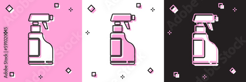 Set Cleaning spray bottle with detergent liquid icon isolated on pink and white, black background. Vector Illustration