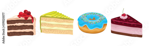 Layered Cake Pieces with Cream and Berry Vector Set