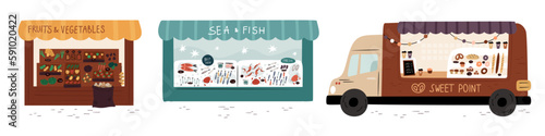 Street markets. Fair stalls and food trucks. Local marketplace. Seafood and bakery shops. Grocery store showcase. Vegetables and fruits kiosk. Pastry selling van. Garish vector set