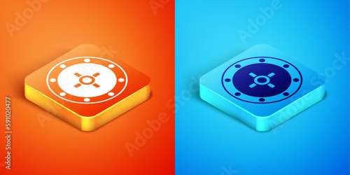 Isometric Safe icon isolated on orange and blue background. The door safe a bank vault with a combination lock. Reliable Data Protection. Vector
