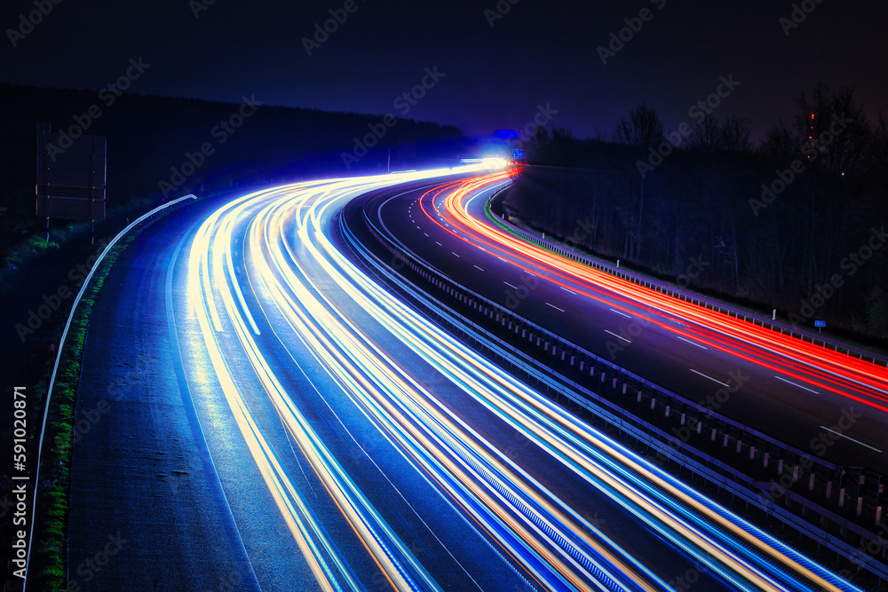 Langzeitbelichtung - Autobahn - Strasse - Traffic - Travel - Background - Line - Ecology - Highway - Long Exposure - Motorway - Night Traffic - Light Trails - High quality photo	 - obrazy, fototapety, plakaty 