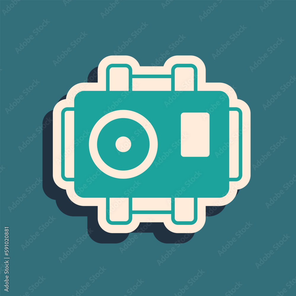 Green Photo camera for diver icon isolated on green background. Foto camera icon. Diving underwater equipment. Long shadow style. Vector Green Photo camera for diver icon isolated on green background. Foto camera icon. Diving underwater equipment. Long shadow style. Vector