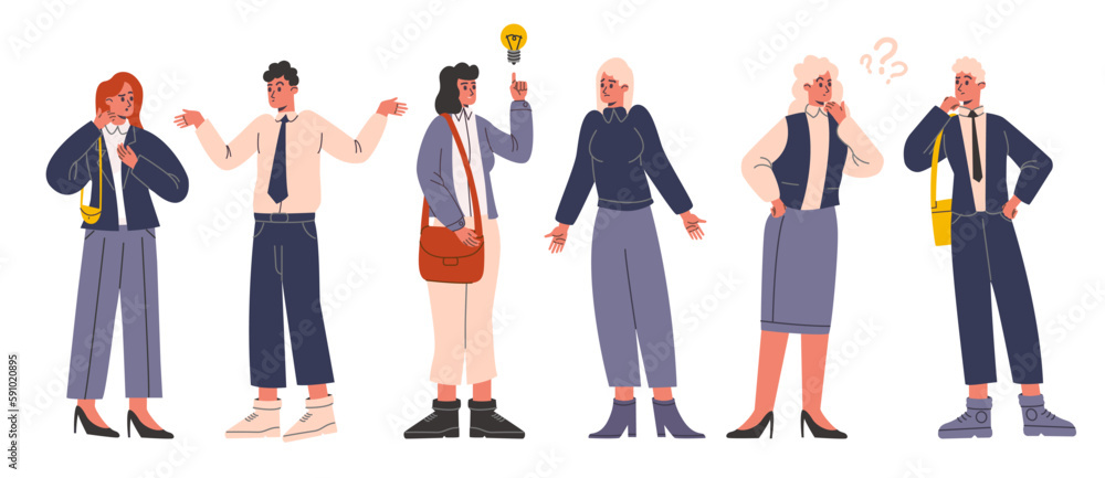 Fototapeta premium Thoughtful people. Doubting men and women in office suits. Brainstorming couples. Idea searching. Uncertainty and confusion. Finding decision or answer. Concerned persons vector set