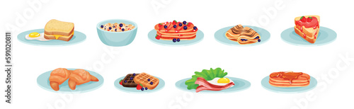 Appetizing and Tasty Breakfast Served Meal and Food Vector Set