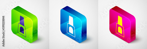 Isometric Bottle of nail polish icon isolated on grey background. Square button. Vector