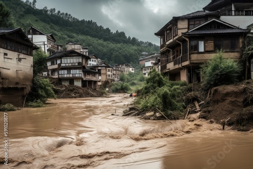 climate change-related natural disasters and their consequences, such as flooding and landslides, created with generative ai photo