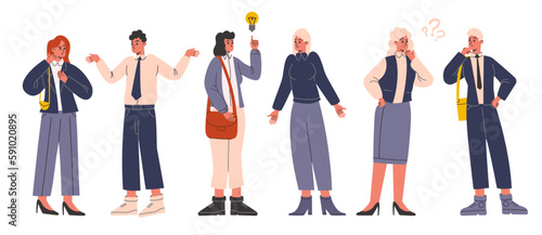 Thoughtful people. Doubting men and women in office suits. Brainstorming couples. Idea searching. Uncertainty and confusion. Finding decision or answer. Concerned persons vector set