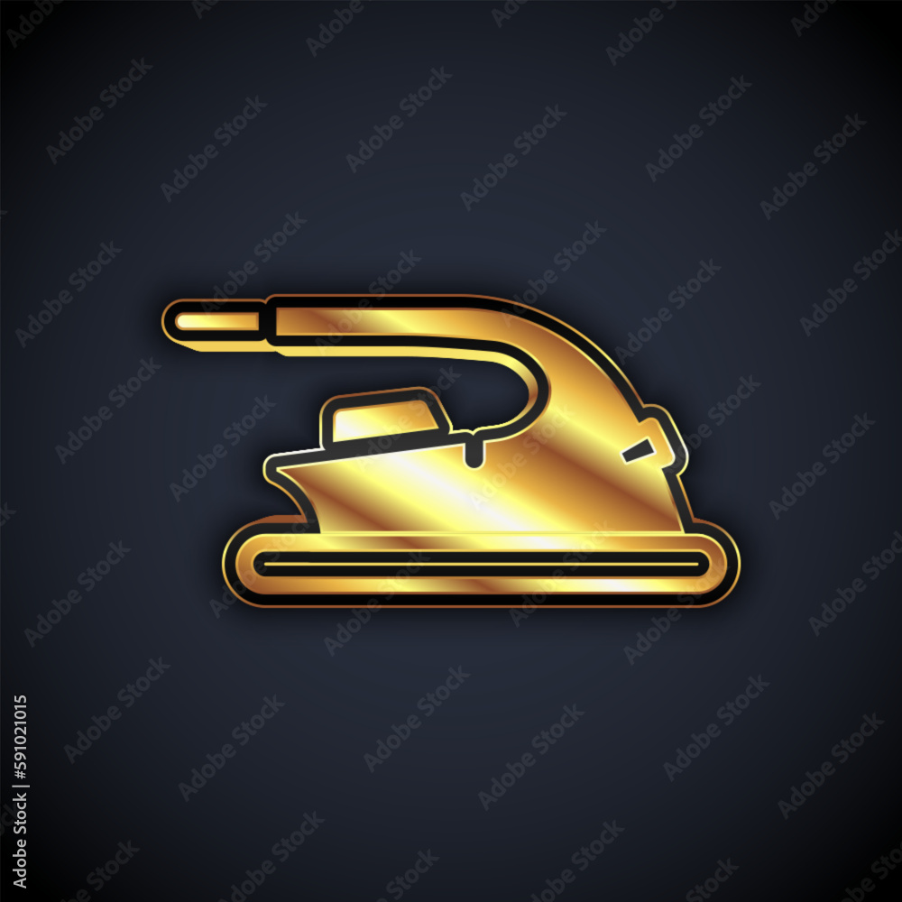 Gold Electric iron icon isolated on black background. Steam iron. Vector Gold Electric iron icon isolated on black background. Steam iron. Vector