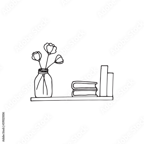 Bookshelf in doodle style for notebooks, posters, postcards. Vase with flowers and books on the shelf. 