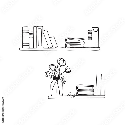 Bookshelf in doodle style for notebooks, posters, postcards. Vase with flowers and books on the shelf. 