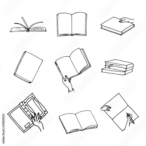 Set of books. Black and white doodle illustration. A set of books from different angles. Book in hand. Notes in a notebook.