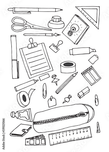 Back to school with hand drawn school supplies - big set. Doodle and school items collection. Sketch icon. Kids ink style background. Education concept. Vector illustration.