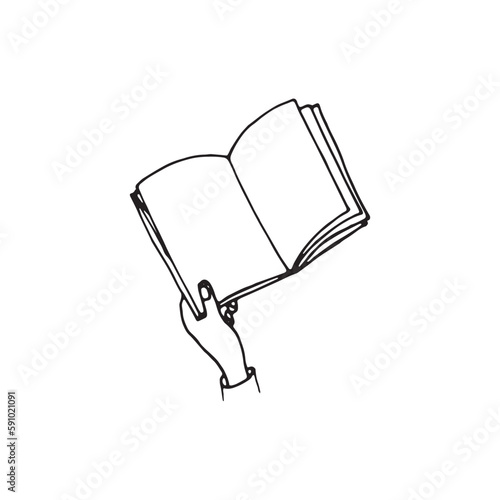 Hand holding book. Open book in hand. Hand drawn illustration