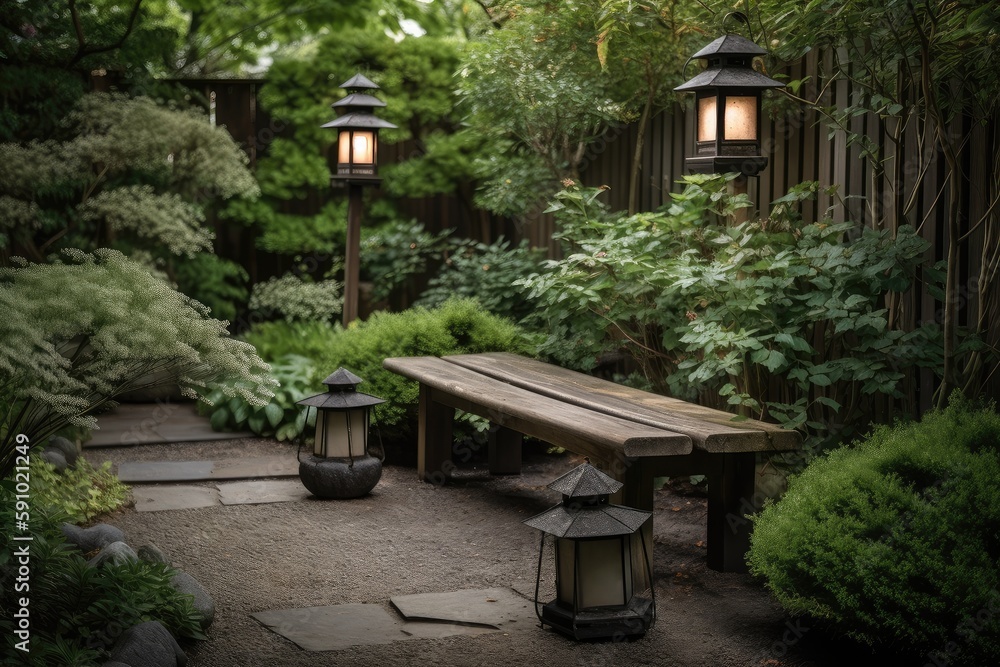 serenity garden with zen bench and lanterns for a peaceful escape, created with generative ai