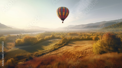 Hot air balloon in the sky in beautiful landscape. Generative AI