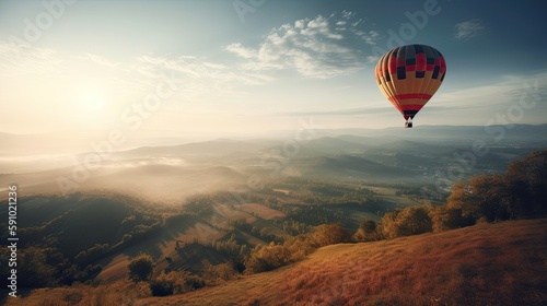 Hot air balloon in the sky in beautiful landscape. Generative AI © AdriFerrer