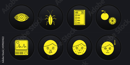 Set Monitor with cardiogram, Orange fruit, Runny nose, Face psoriasis eczema, Clinical record, Cockroach, High human body temperature and Reddish eye allergic conjunctivitis icon. Vector