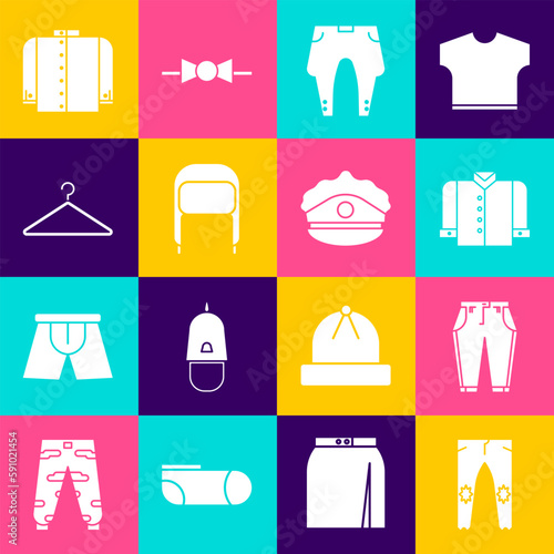 Set Pants, T-shirt, Winter hat with ear flaps, Hanger wardrobe, and Police cap cockade icon. Vector