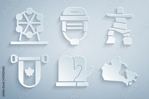 Set Christmas mitten, Inukshuk, Pennant Canada, map, Hockey helmet and Ferris wheel icon. Vector