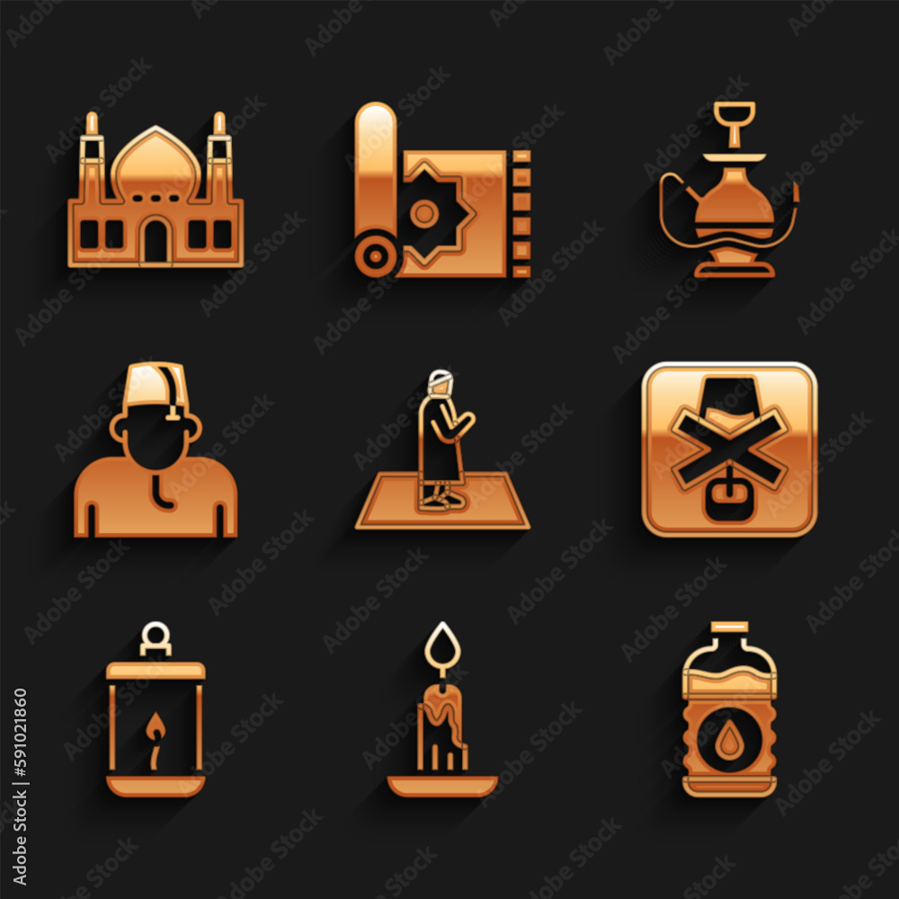 Set Muslim man prays, Burning candle, Bottle of water, No alcohol, Ramadan Kareem lantern, Hookah and Mosque icon. Vector