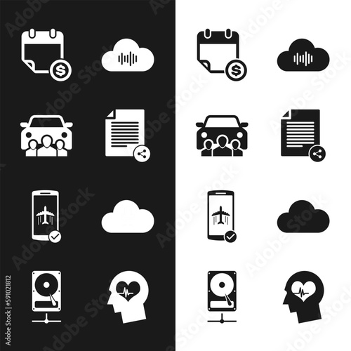 Set Share file, Car sharing, Financial calendar, Music streaming service, Flight mode the mobile and icon. Vector