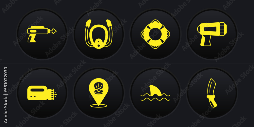 Set Flashlight for diver, Scallop sea shell, Shark, Lifebuoy, Diving mask with snorkel, knife and Fishing harpoon icon. Vector